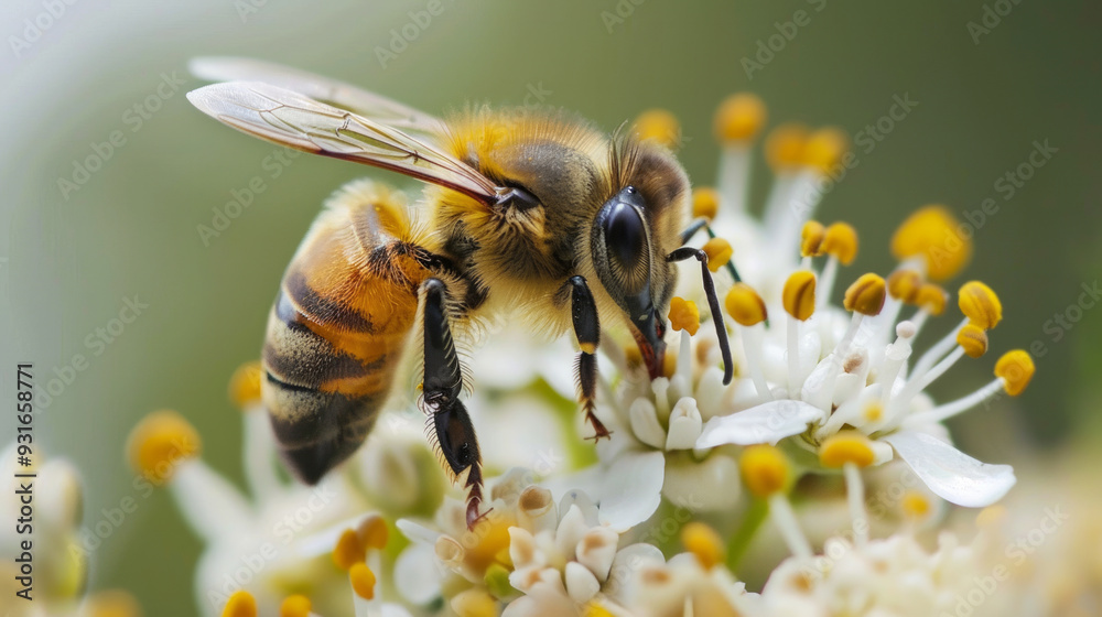 Close-up view of a bee pollinating white flower in early summer garden setting Close-up view of a bee pollinating white flower in early summer garden setting