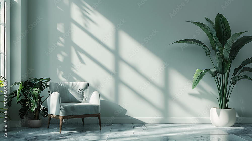 A plush armchair sits near a window, bathed in soft sunlight and surrounded by leafy plants. The room is spacious and serene, perfect for relaxation.