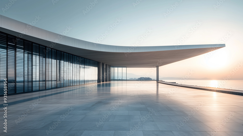 The architecture of a modern building features mirror slats on the facade and a long, smooth roof.