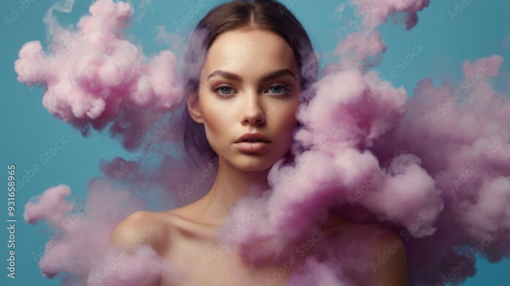 Surreal portrait of young woman surrounded by pink smoke, creative and ethereal beauty concept on blue background Surreal portrait of young woman surrounded by pink smoke, creative and ethereal beauty concept on blue background