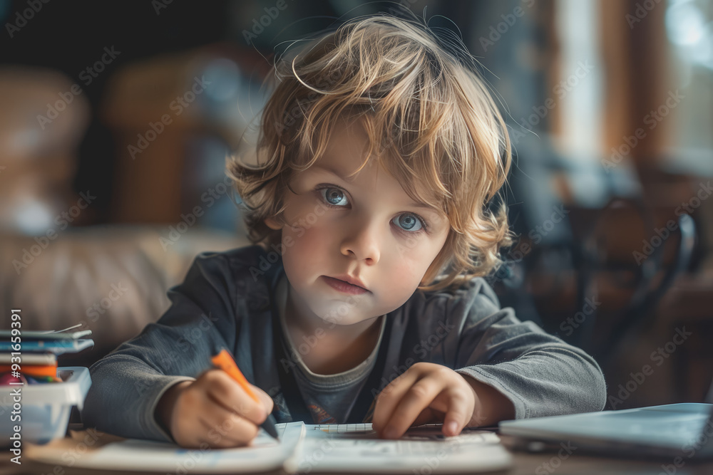 Cute little boy struggling with his study or homework. Cute little boy struggling with his study or homework.