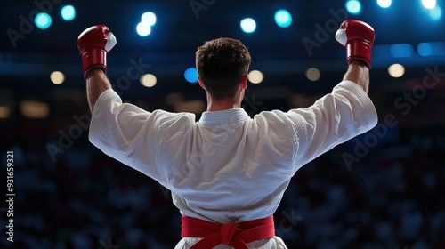 A karate athlete raises his arms proudly after becoming an Olympic competition champion, Ai Generated Images photo