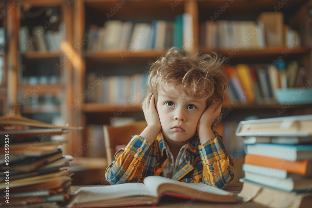 Cute little boy struggling with his study or homework.