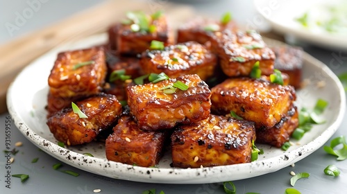 Crispy fried tempeh on a white plate with a gray plank background