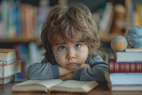 Cute little boy struggling with his study or homework.