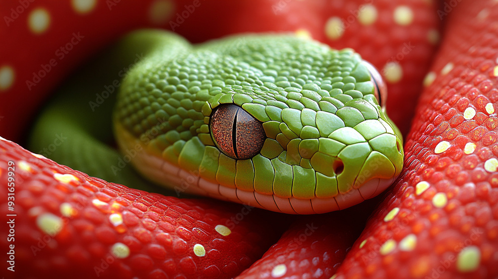 Fototapeta premium A green snake on a background of Chinese fabric.