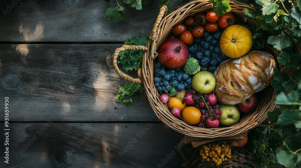 Top view of a food basket brimming with fresh fruits, vegetables, and bread, set on a rustic wooden table. --ar 16:9 --v 6.1 Job ID: 437ada15-fc88-4a14-bce0-47dbfa717383 Top view of a food basket brimming with fresh fruits, vegetables, and bread, set on a rustic wooden table. --ar 16:9 --v 6.1 Job ID: 437ada15-fc88-4a14-bce0-47dbfa717383