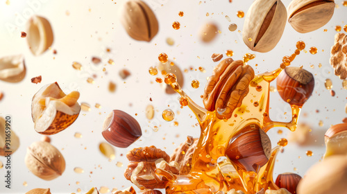 A nutty honey explosion on a white background. Close-up of walnuts, hazelnuts and pistachios. Nuts are scattered all over the image, some of them falling into golden caramel photo