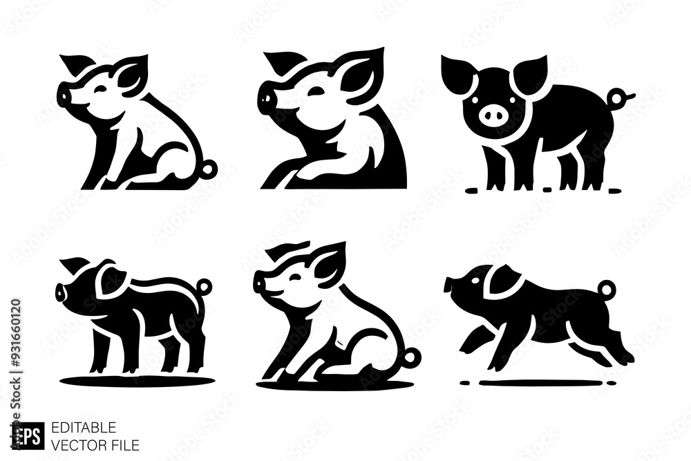 set of pig vector illustration black and white silhouette graphic design template