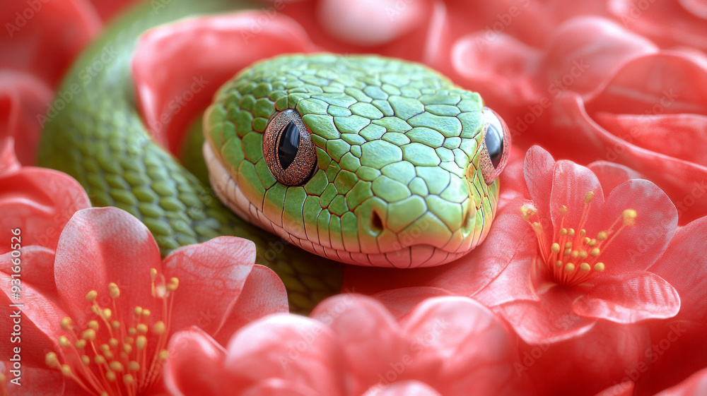 Fototapeta premium A green snake on a background of Chinese fabric.