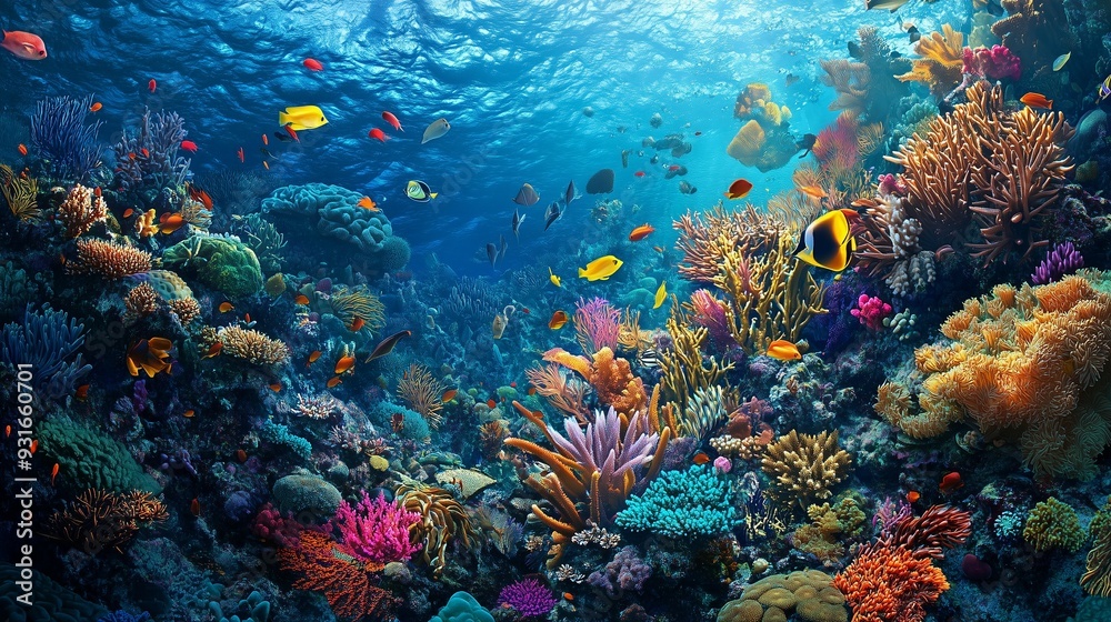 Fototapeta premium A detailed underwater view of a bustling coral reef teeming with diverse marine life, including colorful fish, sea anemones, and intricate coral formations