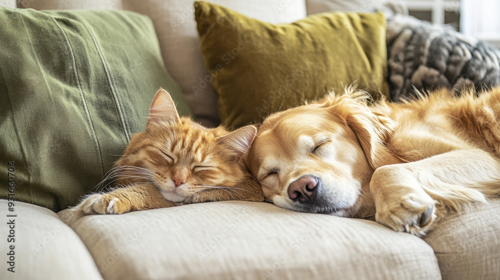 custom made wallpaper toronto digitalA professional portrait of a cat and Golden Retriever sleeping together on a sofa, showcasing their peaceful expressions in a cozy, light-colored room with olive textiles.