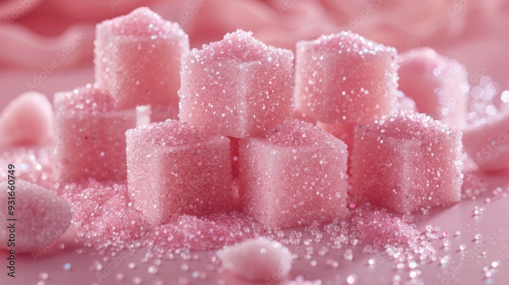 Many sugar cubes on a pink surface with pink flowers Many sugar cubes on a pink surface with pink flowers