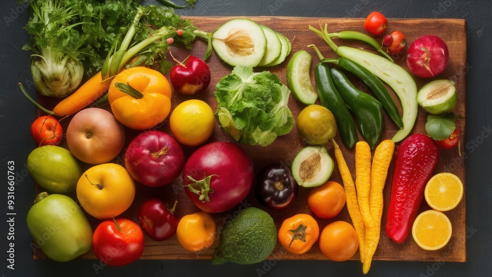 Vibrant selection of fresh fruits and vegetables, healthy eating, colorful produce variety on white background Vibrant selection of fresh fruits and vegetables, healthy eating, colorful produce variety on white background