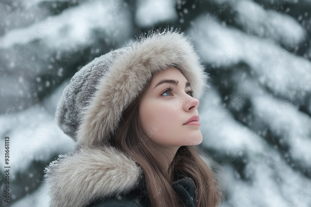 A young woman in a fur-lined hat looks up thoughtfully amidst softly falling snow. Her serene expression adds a contemplative mood to the tranquil winter setting.