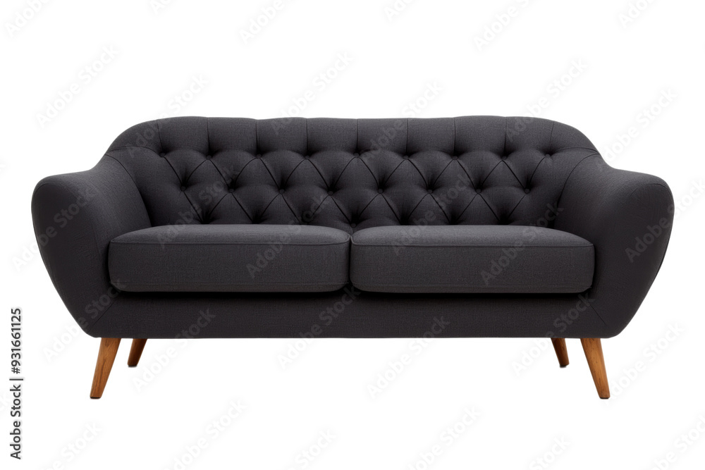 Chic charcoal gray sofa front view featuring tufted backrest and tapered wooden legs isolated on transparent background Chic charcoal gray sofa front view featuring tufted backrest and tapered wooden legs isolated on transparent background
