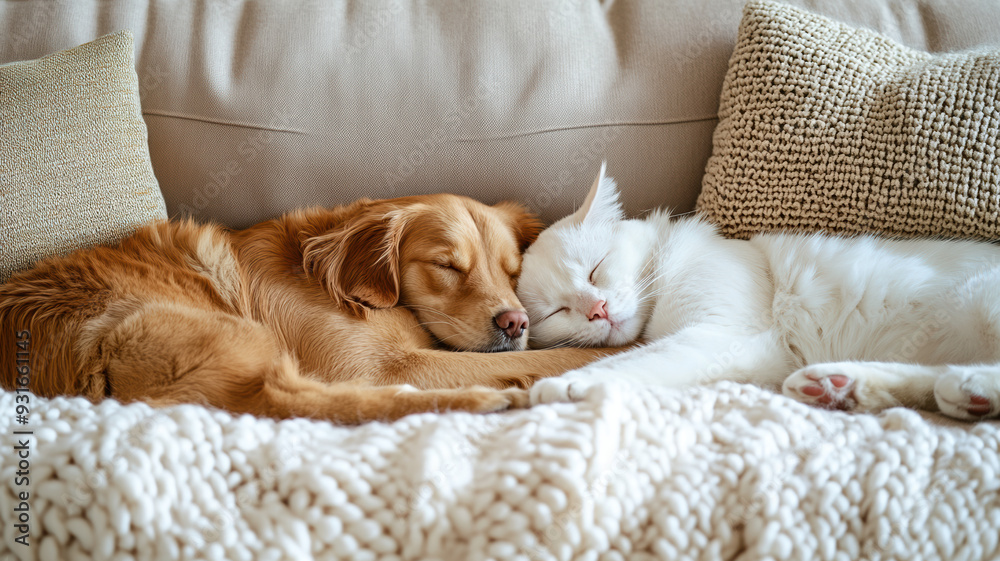 A professional portrait of a cat and Golden Retriever sleeping together on a sofa, showcasing their peaceful expressions in a cozy, light-colored room with olive textiles. A professional portrait of a cat and Golden Retriever sleeping together on a sofa, showcasing their peaceful expressions in a cozy, light-colored room with olive textiles.
