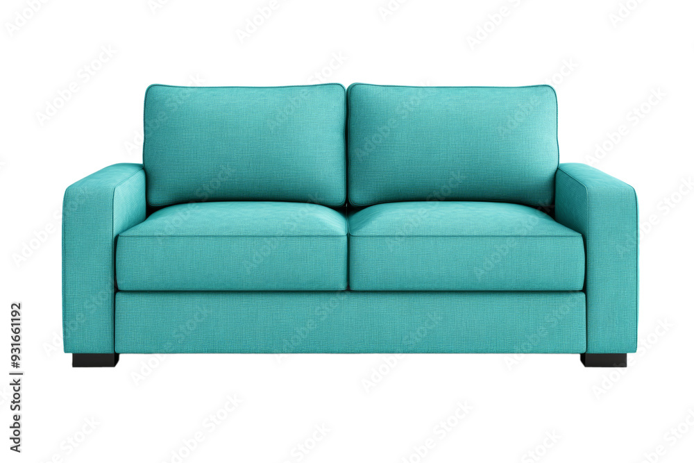 Compact light teal modern sofa front view with square armrests and thick cushions isolated on transparent background Compact light teal modern sofa front view with square armrests and thick cushions isolated on transparent background