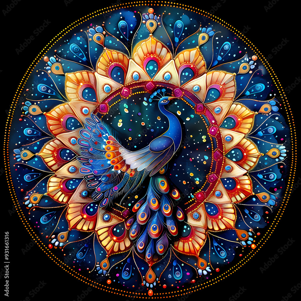 Naklejka premium Art nouveau artistic image of peacock in a round shape,Luxurious peacock with an open tail,magnificent realistic peacock