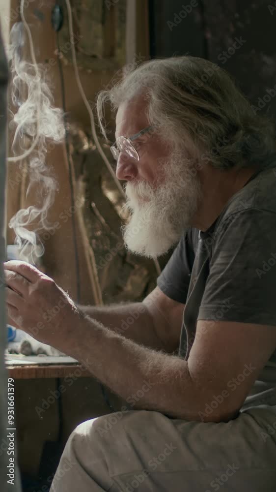 Vertical medium shot of Caucasian senior man soldering while sitting by window in cozy small workshop