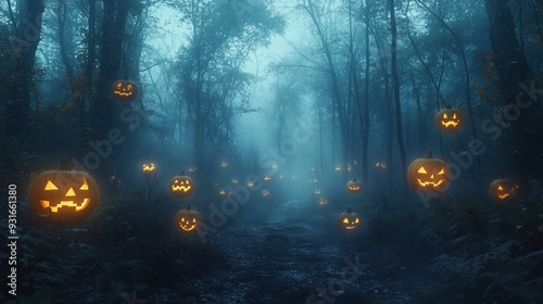 A foggy forest illuminated by glowing jack-o'-lanterns, creating a spooky and mysterious Halloween scene in the misty woods.