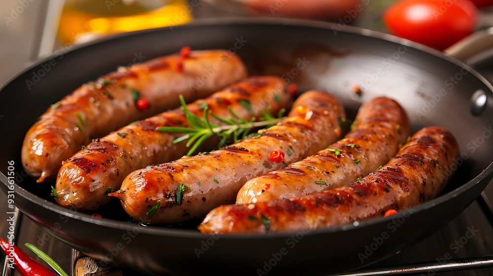 Delicious pork chipolatas sausages in a frying pan Delicious pork chipolatas sausages in a frying pan