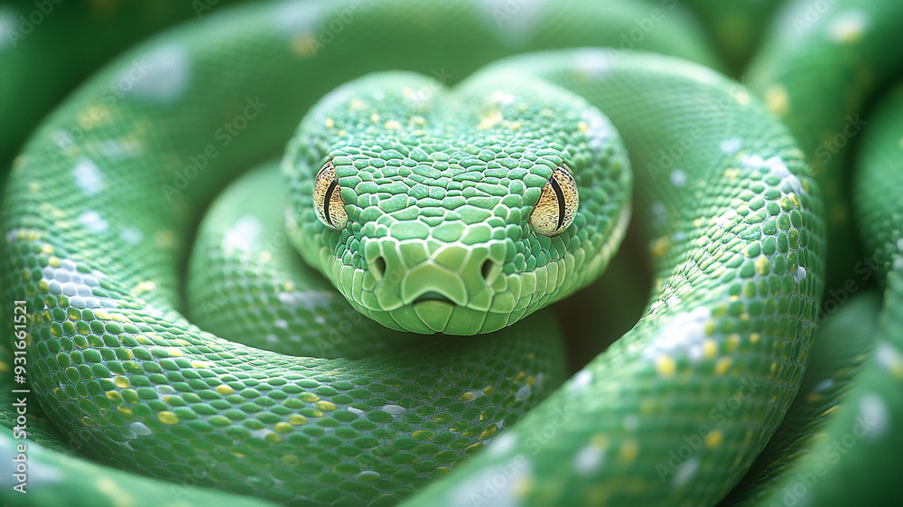 A green snake on a background of Chinese fabric.