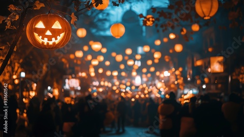 Wallpaper Mural A lively Halloween street festival illuminated by glowing lanterns and jack-o'-lanterns, creating a festive and spooky atmosphere. Torontodigital.ca