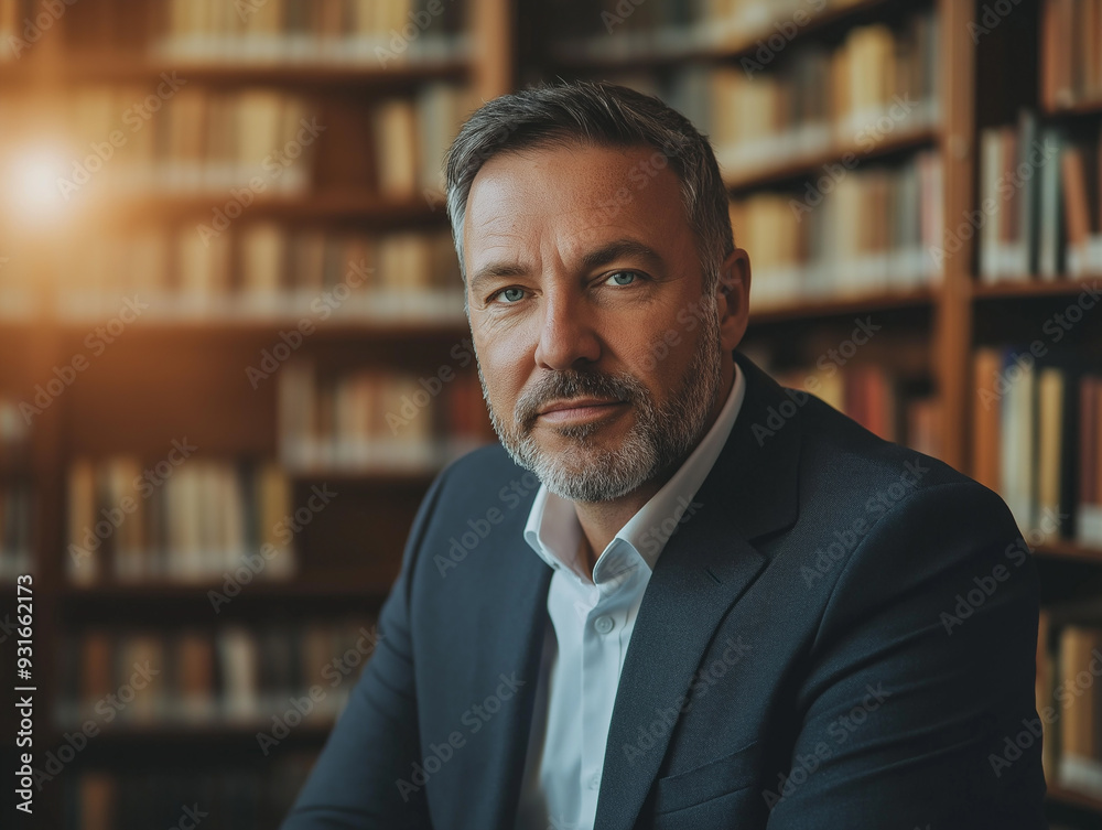 Portrait of a confident middle-aged man in a library, representing professionalism, success, and wisdom. Portrait of a confident middle-aged man in a library, representing professionalism, success, and wisdom.