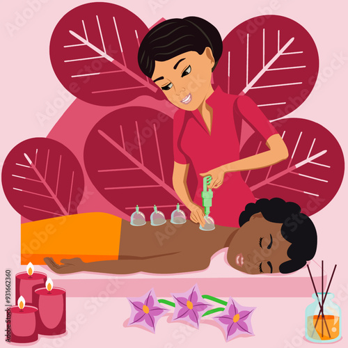Cup massage. Treatments by professional therapist in spa. Vacuum therapy. Isolated flat vector illustration. Eastern and African ethnicity.