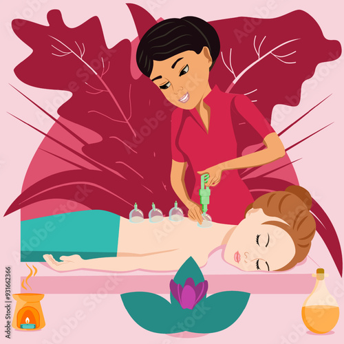 Cup massage. Treatments by professional therapist in spa. Vacuum therapy. Isolated flat vector illustration. Eastern and European ethnicity.