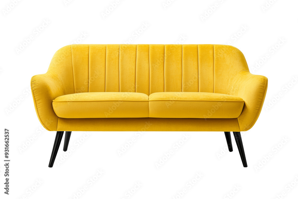 Modern ochre yellow sofa front view with minimalist lines and flat backrest isolated on transparent background Modern ochre yellow sofa front view with minimalist lines and flat backrest isolated on transparent background