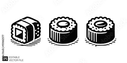 set of sushi vector illustration black and white silhouette graphic design template