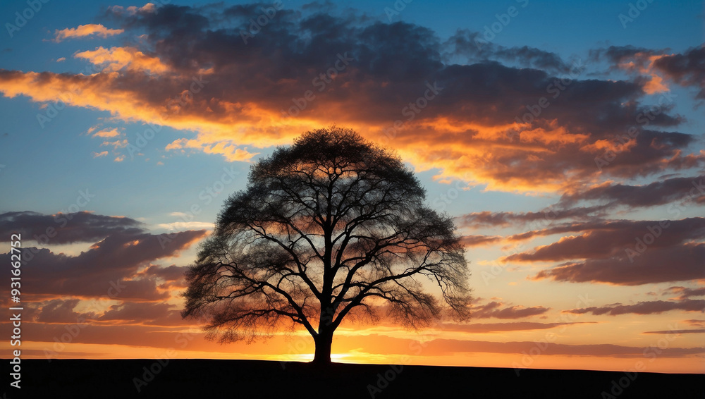 Silhouette of a lone tree with a sunset sky Silhouette of a lone tree with a sunset sky