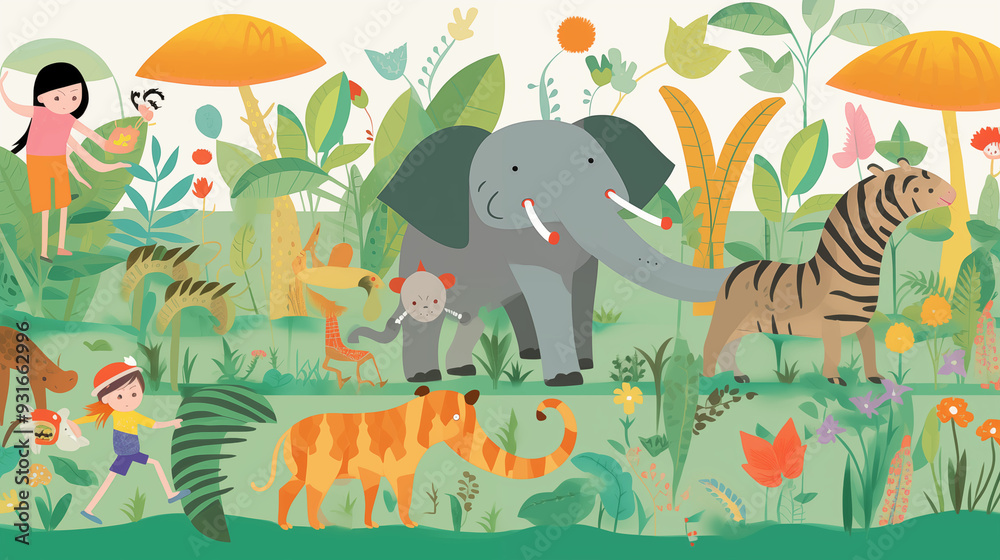 Fototapeta premium Playful Elephant And Friends In A Lush Jungle Children’s Illustration