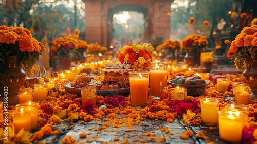 A beautifully decorated Day of the Dead altar with candles