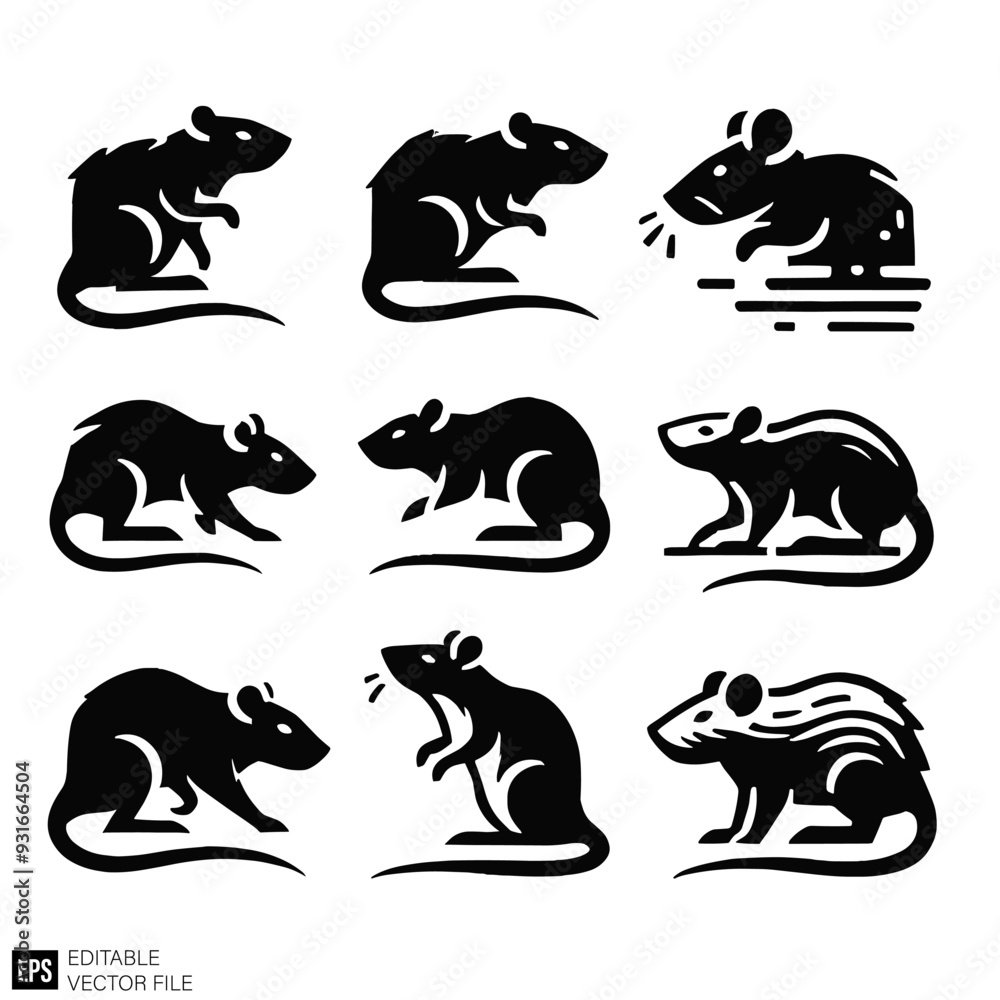 Naklejka premium set of rat vector illustration black and white silhouette graphic design template