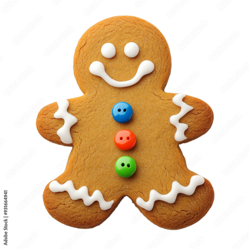Fototapeta premium Top view of a decorated gingerbread man cookie with icing details and colorful buttons isolated on transparent background 