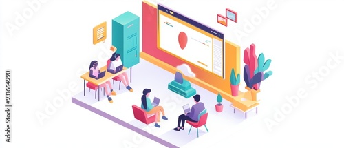 High-tech video chat platform featuring teachers and students in a remote learning environment, set against a pristine white background