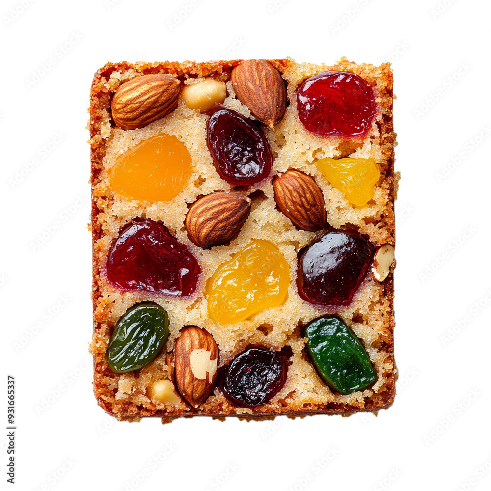 Top view of a rich fruitcake slice with visible candied fruits and nuts isolated on transparent background Top view of a rich fruitcake slice with visible candied fruits and nuts isolated on transparent background