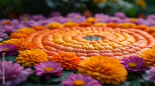 A close-up of a beautiful rangoli design made with flowers photo