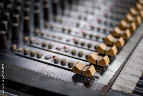 close up of sound system audio mixing equipment