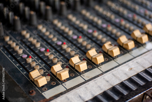close up of sound system audio mixing equipment