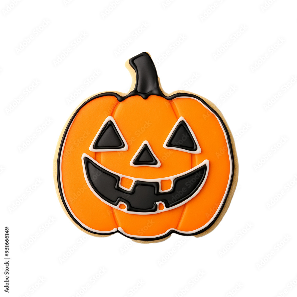 Top view of a sugar cookie shaped like a jack o lantern with detailed icing design isolated on transparent background Top view of a sugar cookie shaped like a jack o lantern with detailed icing design isolated on transparent background