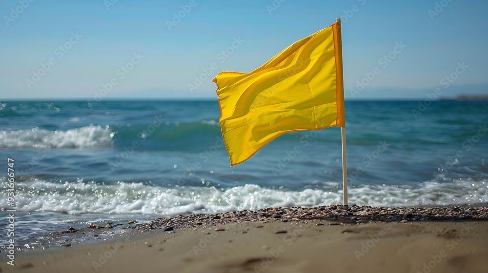 Yellow flag on the beach in summer summer lifeguards sign to bathe carefully : Generative AI Yellow flag on the beach in summer summer lifeguards sign to bathe carefully : Generative AI