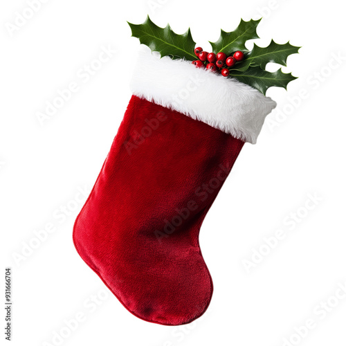 Traditional Christmas stocking with plush transparent trim and holly leaves isolated on transparent background festive touch 