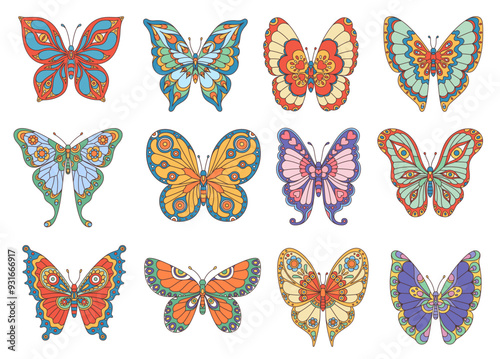 Groovy butterflies with ornament wings in 70s hippie art, vector decoration. Groovy butterfly in retro cartoon design, monarch or machaon moth with funky colorful floral pattern ornament on wings