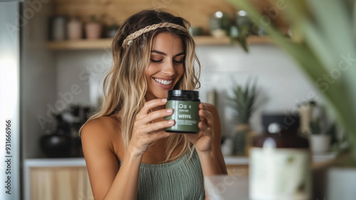 A health-conscious blogger influencer showcases a plant-based protein whey product during a live streaming session, aiming to boost viral marketing for the brand among her wellness group followers.