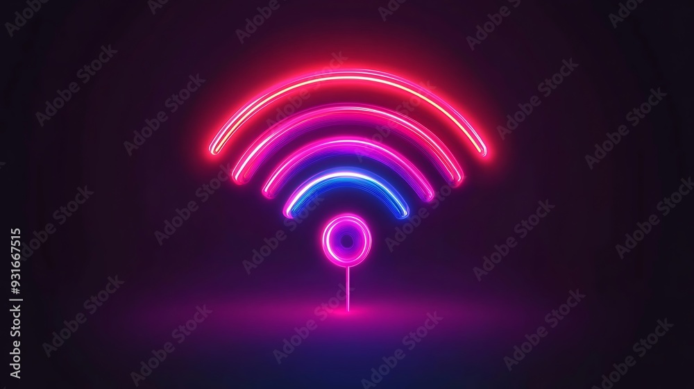 A glowing pink and blue neon wifi symbol against a black background. A glowing pink and blue neon wifi symbol against a black background.
