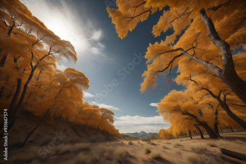 Autumn landscape with yellow trees and blue sky. generative ai